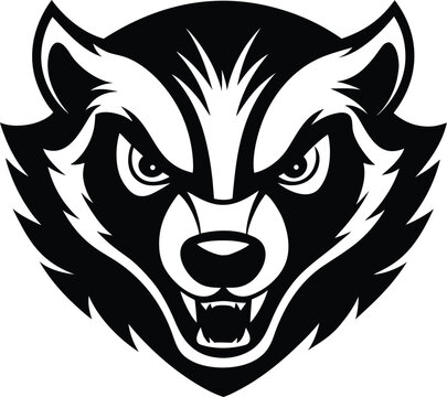 Vector art of intense black and white illustration of a badgers face with narrowed eyes and bared teeth, conveying aggression and a fierce expression