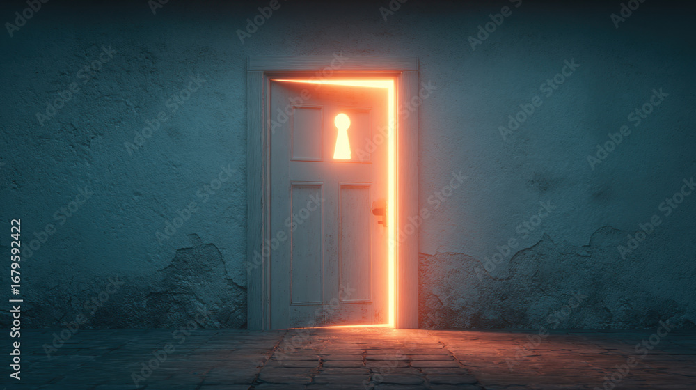 Poster mysterious door stands ajar, illuminated by warm glow emanating from keyhole, creating intriguing at