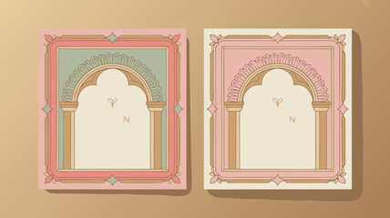 Elegant Indian wedding invitation vector design featuring intricate arch patterns, perfect for a romantic couple's special day celebrations, showcasing cultural beauty and artistic flair