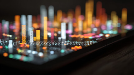 Digital visualization of data displays vibrant colors and patterns, representing complex information through bars and dots. This abstract design evokes sense of technology and innovation