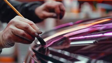 A person manually painting a car with a brush