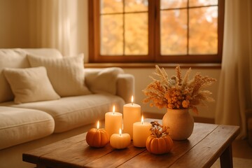 Cozy autumn living room scene with glowing candles and fall foliage view