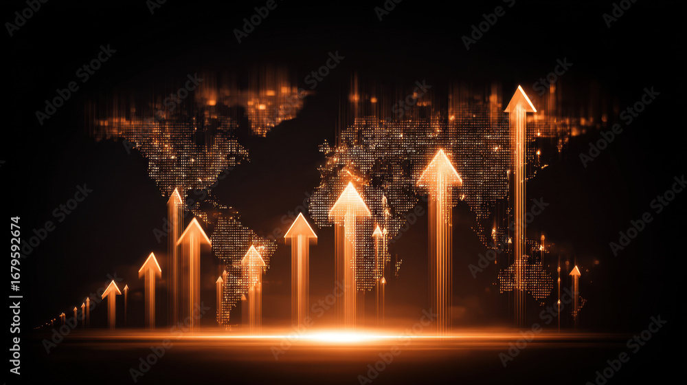 Aufkleber digital representation of world map with glowing arrows pointing upwards, symbolizing growth and pro