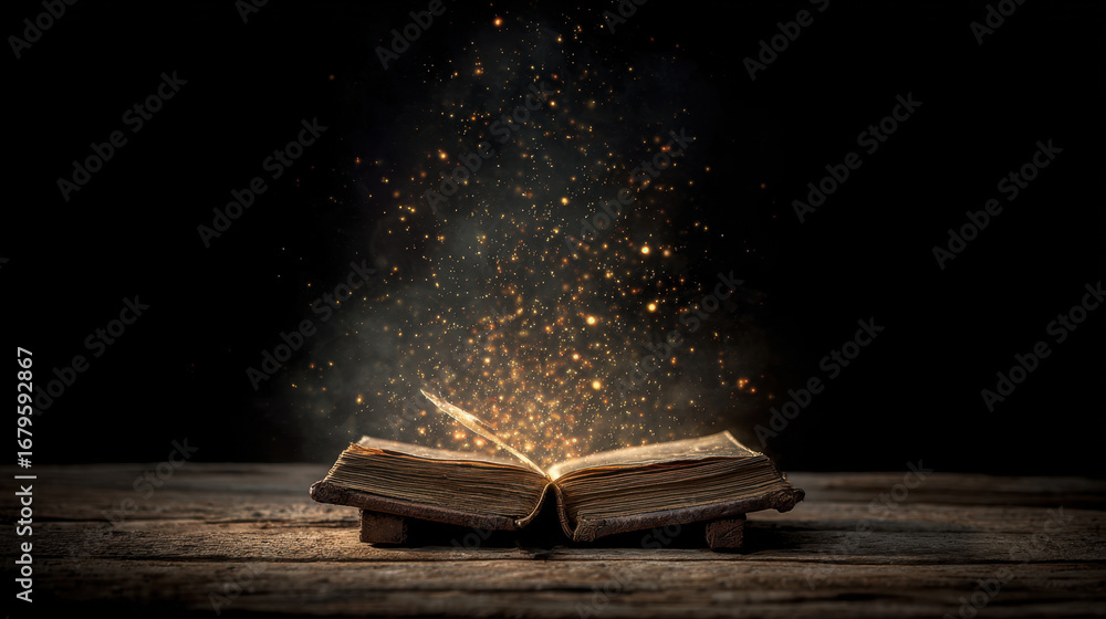 Poster open book emits magical glow, surrounded by sparkling particles that create enchanting atmosphere. w