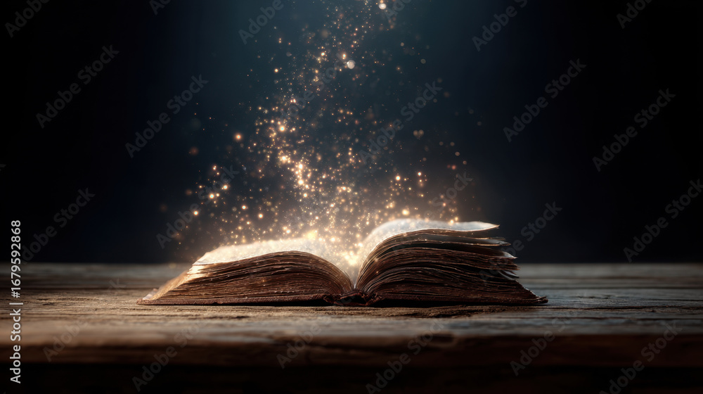 Poster open book emits magical glow with sparkling particles rising from its pages, creating enchanting atm