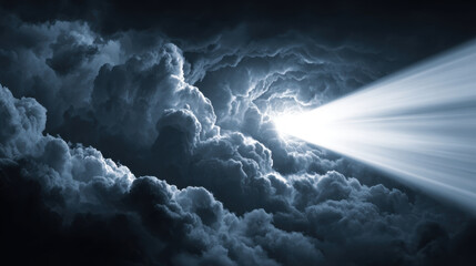 Dramatic clouds swirl in dark sky, illuminated by bright beam of light piercing through darkness, creating mystical and awe inspiring atmosphere
