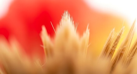 Macro view of a fluffy plant with blurred red background