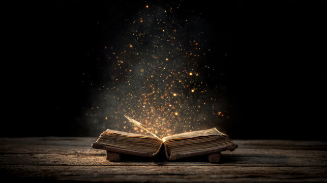 Open book emits magical glow, surrounded by sparkling particles that create enchanting atmosphere. wooden surface adds rustic charm, enhancing mystical feel of scene