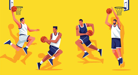 Set of basketball players in action dribbling, passing, and shooting, representing teamwork, competition, athletic skill, and dynamic performance in sports