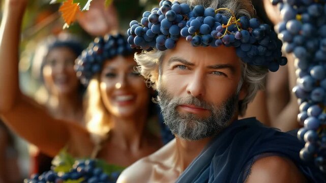Dionysus myth: Greek god, youthful Olympian, nature's power, viticulture master, winemaking patron, divine ecstasy, theater's muse, fertile earth, sacred inspiration, religious celebration.