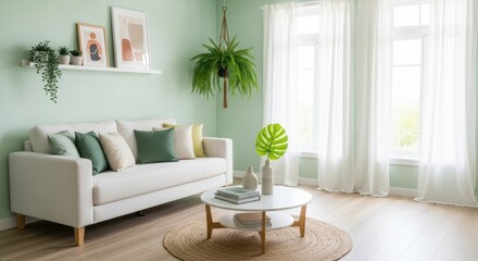 Light green living room with white sofa and plants interior green wall