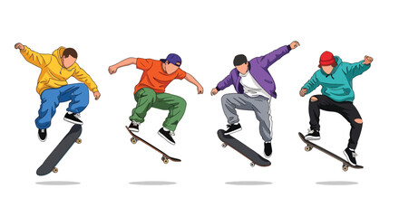 Set of skateboarders performing tricks and jumps, representing urban lifestyle, extreme sports, street culture, and dynamic athletic movement in skateboarding