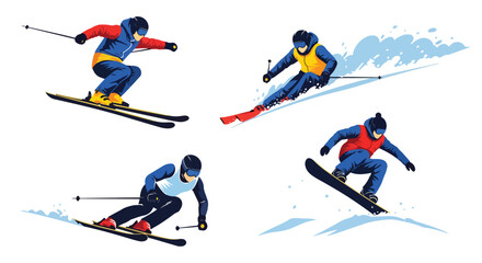 Set of skiers performing jumps, tricks, and downhill racing moves, representing winter sports, extreme adventure, athletic performance, and competitive skiing on snowy slopes