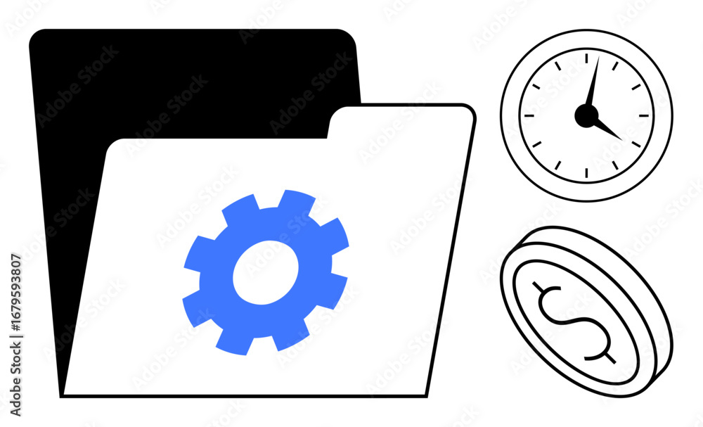 Poster open folder with a gear symbol, clock, and coin highlighting productivity, process optimization, tim