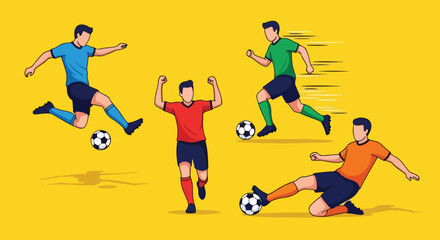 Set of soccer players in action including dribbling, kicking, and goalkeeping, representing teamwork, competition, and athletic performance in football matches and training