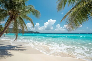 Obraz premium Tropical beach paradise, palm trees, ocean waves, sunny sky