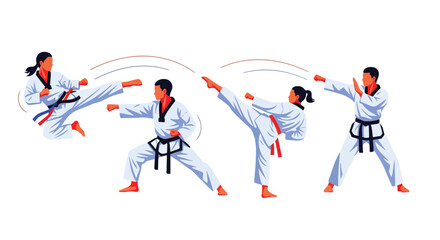 Set of martial artists practicing taekwondo moves including high kicks and fighting stances, representing discipline, training, self-defense, and competitive martial arts performance