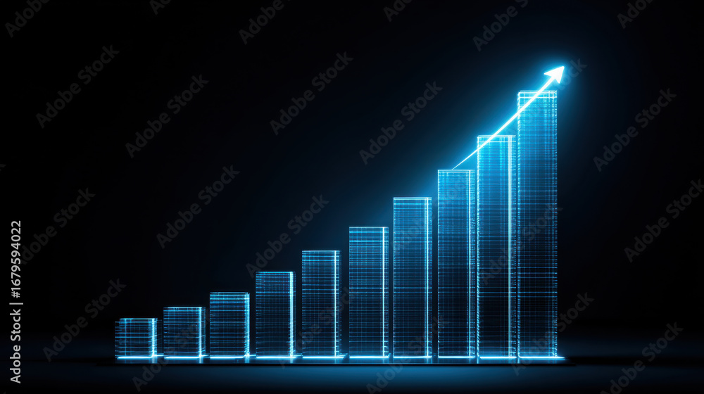Poster glowing blue bar graph representing growth and progress, with upward arrow indicating positive trend