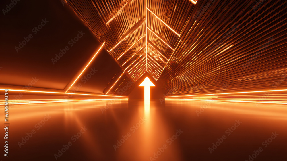 Poster dynamic abstract background featuring glowing orange lines converging towards upward arrow, creating
