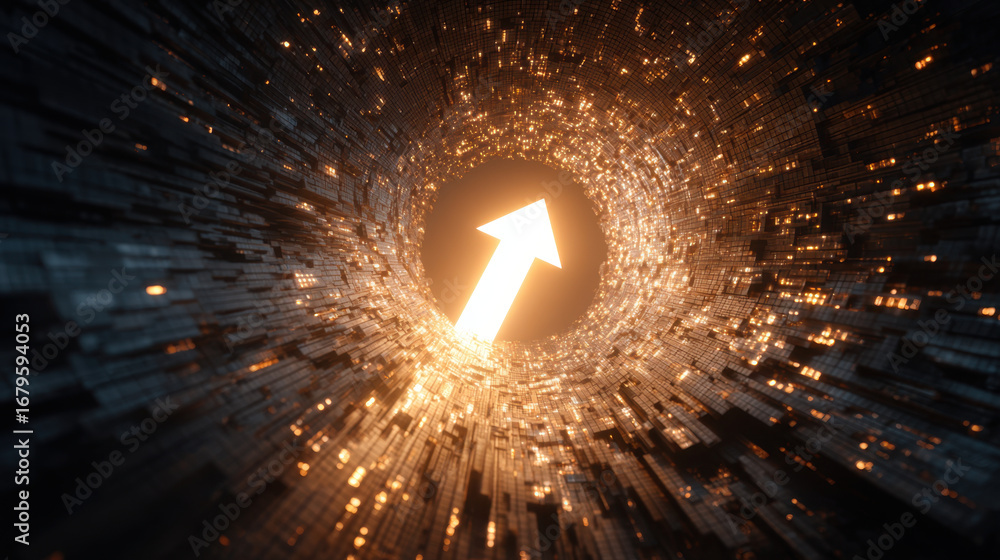Poster digital tunnel with glowing particles and upward arrow symbolizes progress and innovation. vibrant l