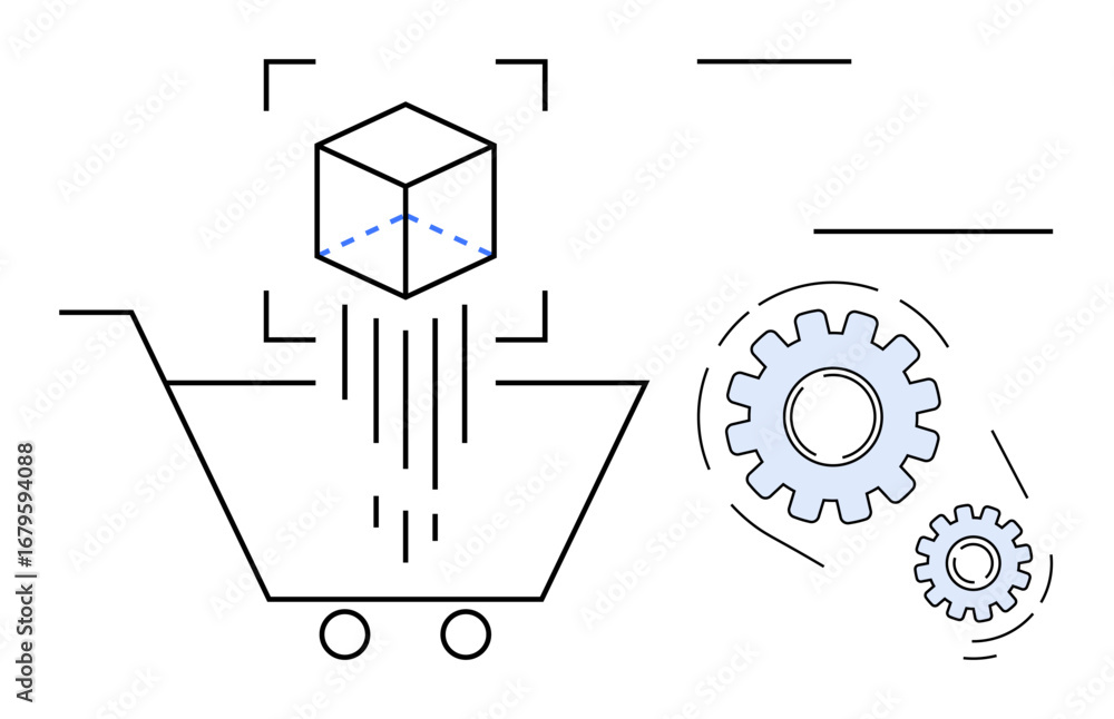 Poster shopping cart integrates with a falling 3d cube and interconnected gears symbolizing automation, tec
