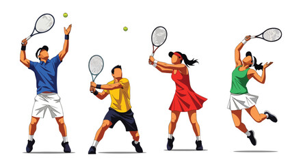 Set of male tennis players performing serve, volley, and forehand shots, showcasing athletic skill, competition, and dynamic movement in professional sports and training
