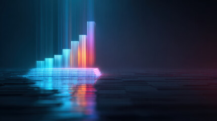 Vibrant digital graph with ascending bars illuminated in blue, pink, and orange hues, reflecting on dark surface, symbolizes growth and progress in technology or finance