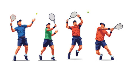 Set of male tennis players performing serve, volley, and forehand shots, showcasing athletic skill, competition, and dynamic movement in professional sports and training