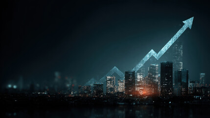 Obraz premium Futuristic city skyline illuminated at night, showcasing digital graph with upward trend. glowing arrow symbolizes growth and progress in urban development and finance