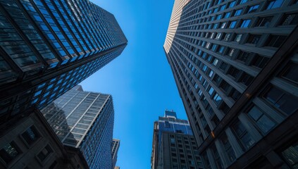 Obraz premium Looking up at modern skyscrapers in a bustling city, showcasing urban architecture and the dynamic energy of a thriving business district