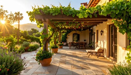 Naklejka premium Serene outdoor patio with vine-covered pergola and sunset view