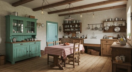A rustic, traditional farmhouse kitchen with a blue hutch.