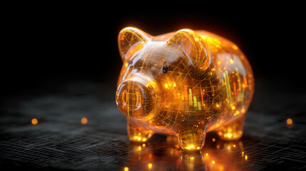 Glowing piggy bank made of transparent material, filled with digital patterns and glowing lines, symbolizes savings and financial growth. background is dark, enhancing luminous effect