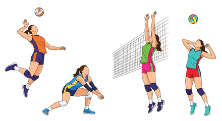 Set of female volleyball players performing actions such as serving, digging, setting, and passing, representing teamwork, competition, and athletic performance in sports training and matches