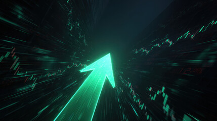 Dynamic representation of financial growth, featuring glowing green arrow symbolizing upward trends amidst backdrop of digital data streams. This captures essence of market progress and investment