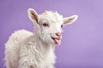 Obraz premium Cute Baby Goat Sticks out Tongue Against a Purple Backdrop in a Playful Pose