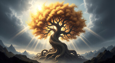 Mythic glowing world tree with twisting roots and radiant canopy — fantasy landscape illustration, epic magical tree surrounded by mountains