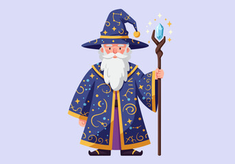 Cartoon Wizard with Staff and Magic Robe Illustration.