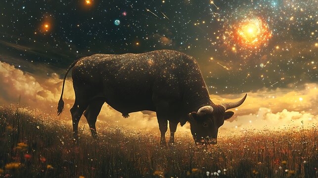 Taurus' bull grazing in an enchanted meadow, with the sky above glowing with constellations and planets. 