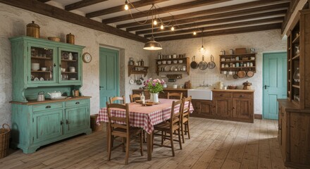 A rustic, traditional farmhouse kitchen with a blue hutch.