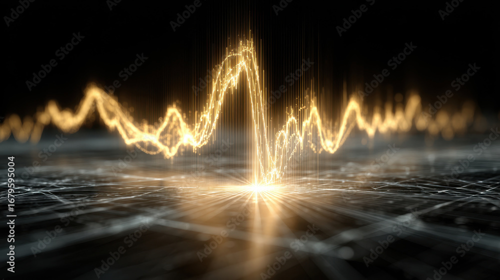 Poster vibrant digital waveform visualization, showcasing dynamic energy and movement. golden lines represe