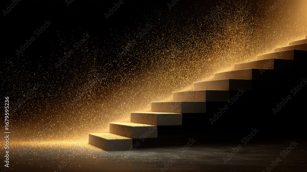 Aufkleber staircase illuminated by golden particles, creating mystical atmosphere. contrast between light and 