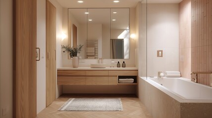 A minimalist bathroom coordinating with a mixed wood tone aesthetic featuring a wood vanity with a stone countertop and a modern mirror above Terracotta tiles