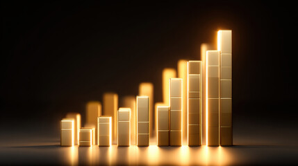 Golden bars represent growth and success, showcasing rising trend in sleek, modern design. warm glow emphasizes upward movement, symbolizing prosperity and achievement
