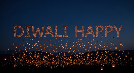 Diwali Happy message formed from glowing lanterns against a night sky. Celebratory design element for greeting cards, social media, and festive event promotions. Festival of Lights.