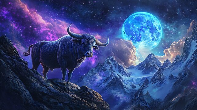 Taurus' bull standing strong alongside Capricorn's goat on a mountainous cosmic landscape under a glowing blue moon. - Powered by Adobe
