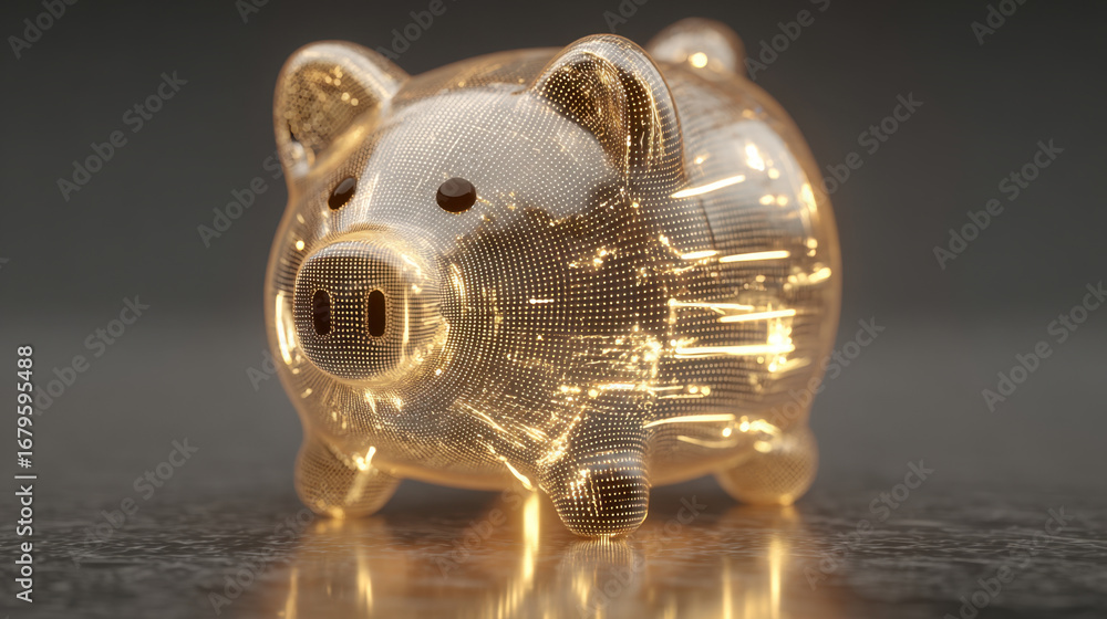 Poster glowing piggy bank made of transparent material, showcasing intricate digital patterns and lights. t