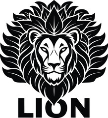 Obraz premium Vector art of stylized lion head with a large, decorative mane resembling petals or leaves, accompanied by the word lion below, representing nature and strength