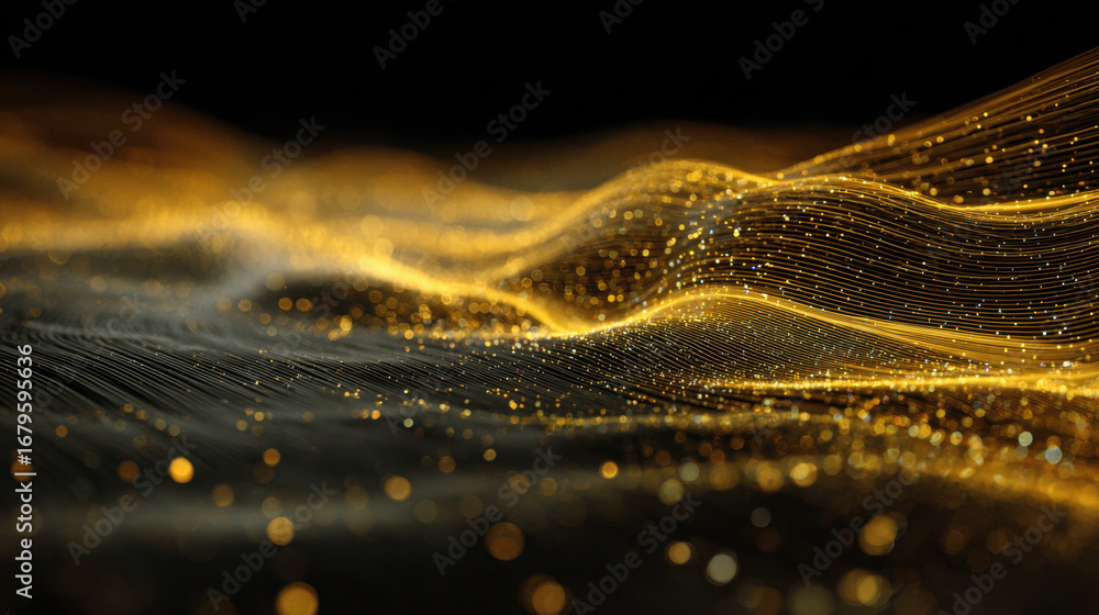 Aufkleber golden waves of light create mesmerizing visual effect, showcasing blend of shimmering particles and