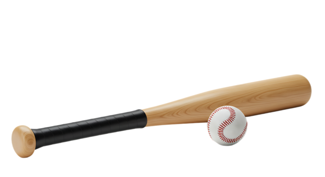Wooden Baseball Bat and Ball with Black Grip and Red Stitches, Isolated on Transparent Background